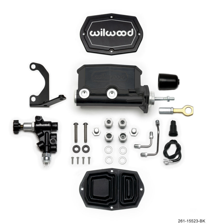 Wilwood Compact Tandem M/C - 15/16in Bore w/Bracket and Valve fits Mustang (Pushrod) - Black - #261-15523-BK