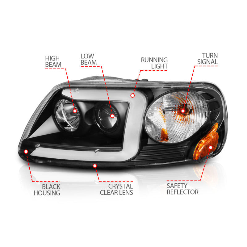 ANZO 1997-2003 Ford F-150 Projector Headlights with Light Bar Black Housing