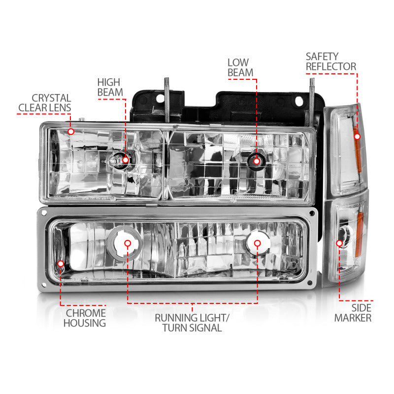 ANZO 88-98 Chevrolet C1500 Crystal Headlights Chrome with Signal and Side Marker Lights