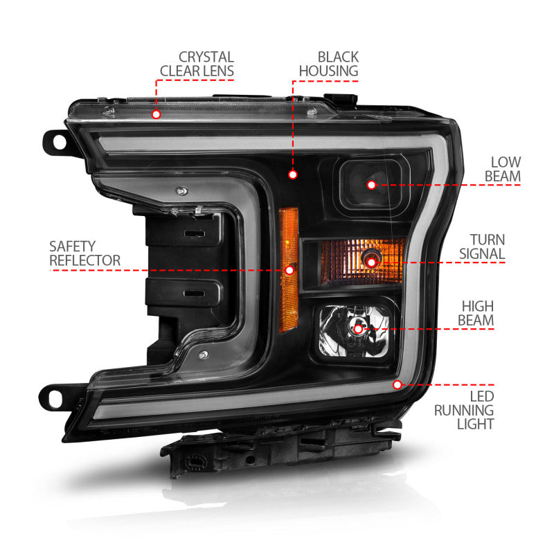 ANZO 2018-2020 Ford F-150 Projector Headlight with Plank Style Switchback Black Housing