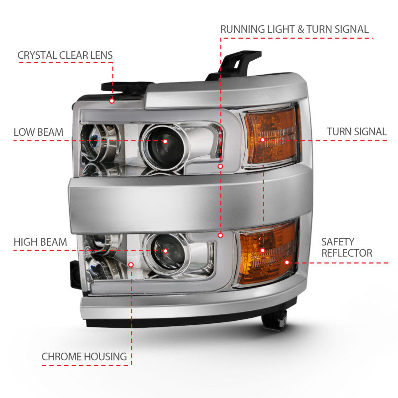 ANZO 2015-2019 Chevrolet Silverado 2500 HD LED Projector Headlights - Plank Style Chrome (Chrome Trim) (Halogen Models Only)