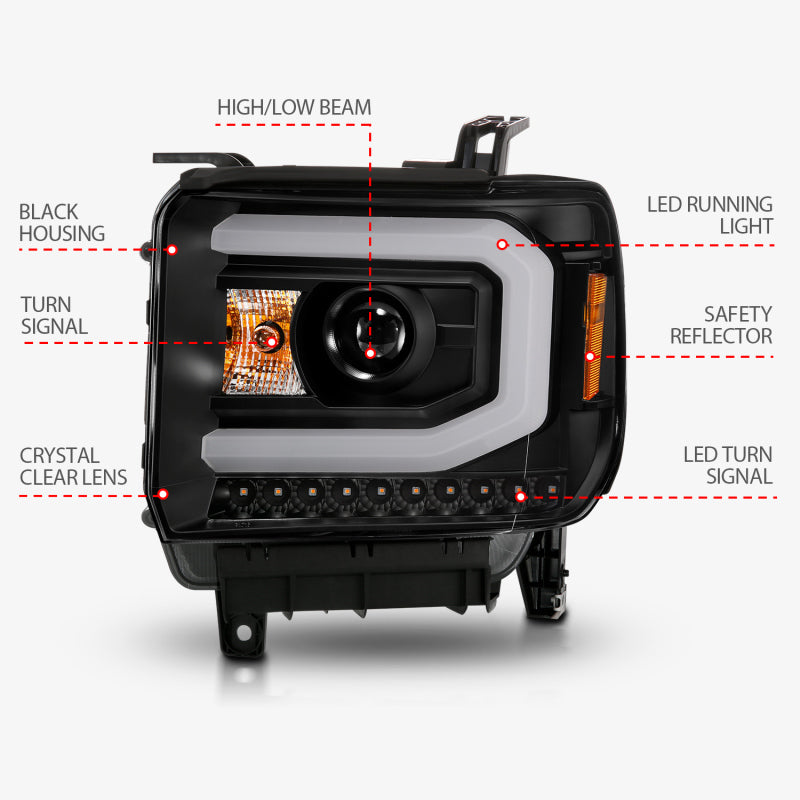 ANZO 2014-2015 GMC Sierra 1500 Projector Headlights with Light Bar Black Housing (Halogen Type)