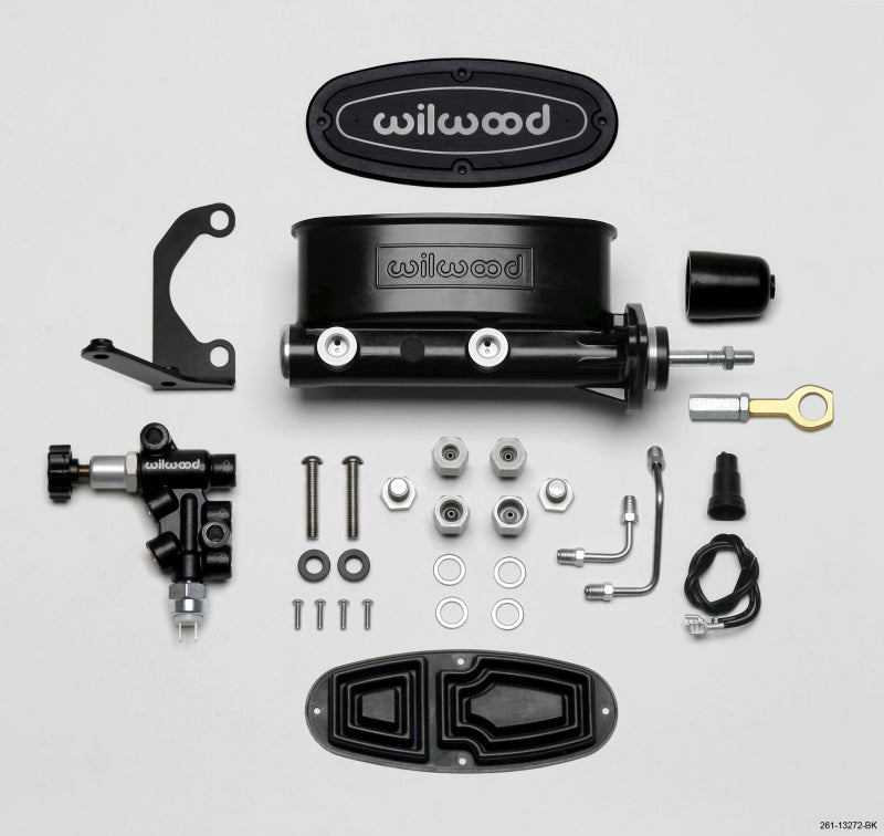 Wilwood HV Tandem M/C Kit w L/H Bracket & Prop Valve - 7/8in Bore Black-W/Push. - Early Mustang - #261-13272-BK