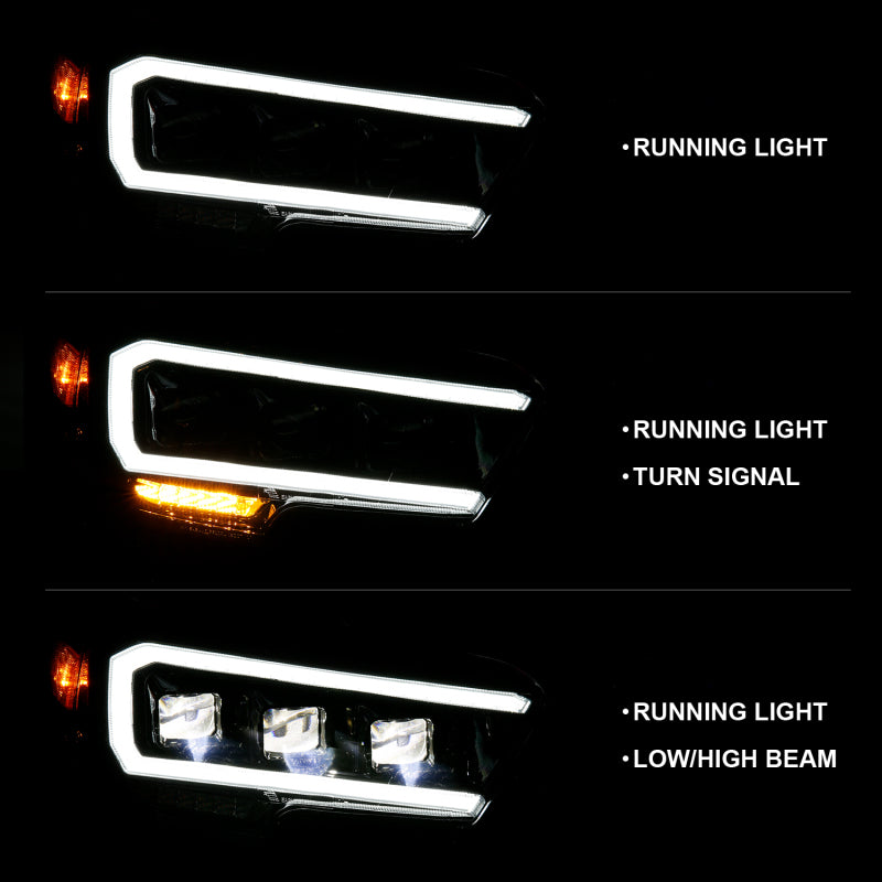 ANZO 2016-2023 Toyota Tacoma LED Projector Headlights Plank Style Black with Amber