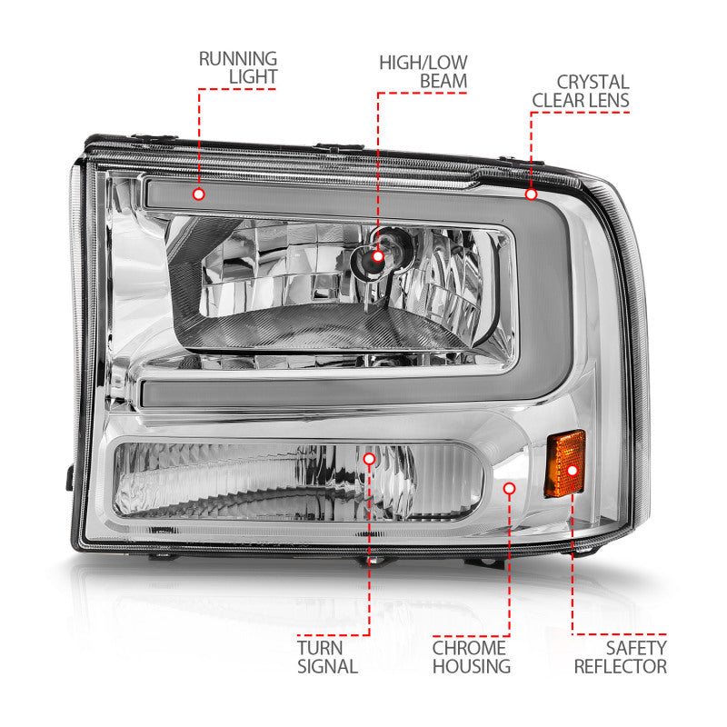 ANZO 99-04 Ford F250/F350/F450/Excursion (excl. 99) Crystal Headlights - with Light Bar Chrome Housing