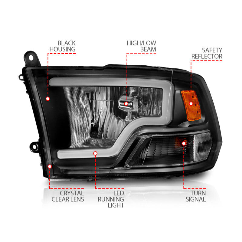 ANZO 2009-2018 Dodge Ram 1500 Crystal Headlights with Light Bar Black Housing