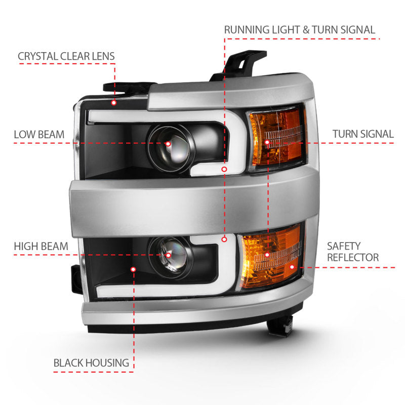 ANZO 2015-2016 Chevrolet Silverado Projector Headlights with Plank Style Design Black with Amber