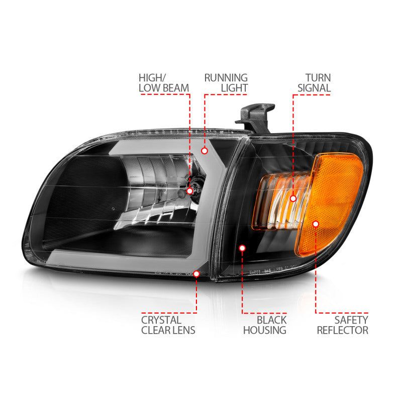 ANZO 00-04 Toyota Tundra (Fits Reg/Acc Cab Only) Crystal Headlights with Light Bar Black with Corner Light