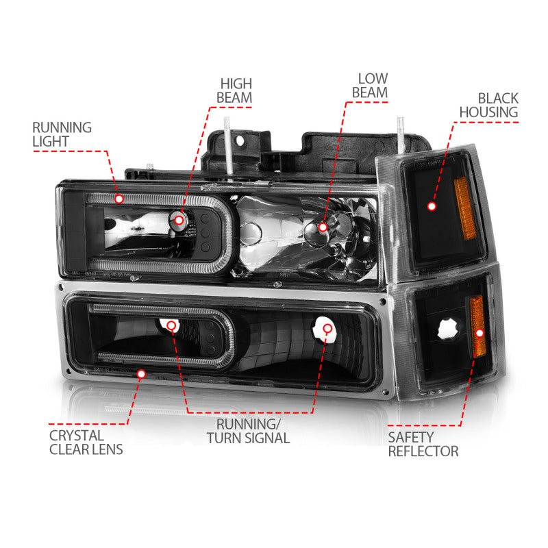 ANZO 88-98 Chevrolet C1500 Crystal Headlights with Light Bar Black Housing with Signal Side Markers 8Pcs