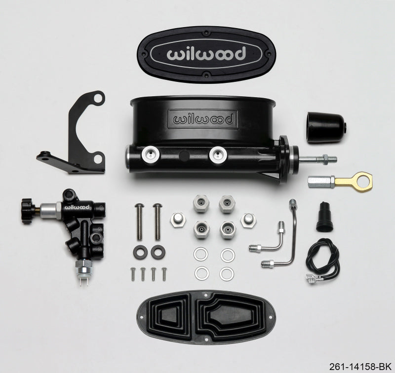 Wilwood HV Tandem M/C Kit w L/H Bracket & Prop Valve - 15/16in Bore Black-W/Push. - Early Mustang - #261-14158-BK