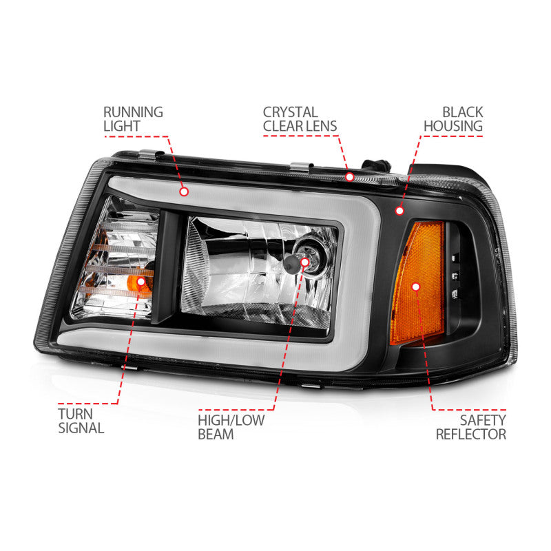 ANZO 2001-2011 Ford Ranger Crystal Headlights with Light Bar Black Housing