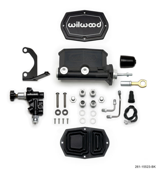 Wilwood Compact Tandem M/C - 15/16in Bore w/Bracket and Valve fits Mustang (Pushrod) - Black - #261-15523-BK