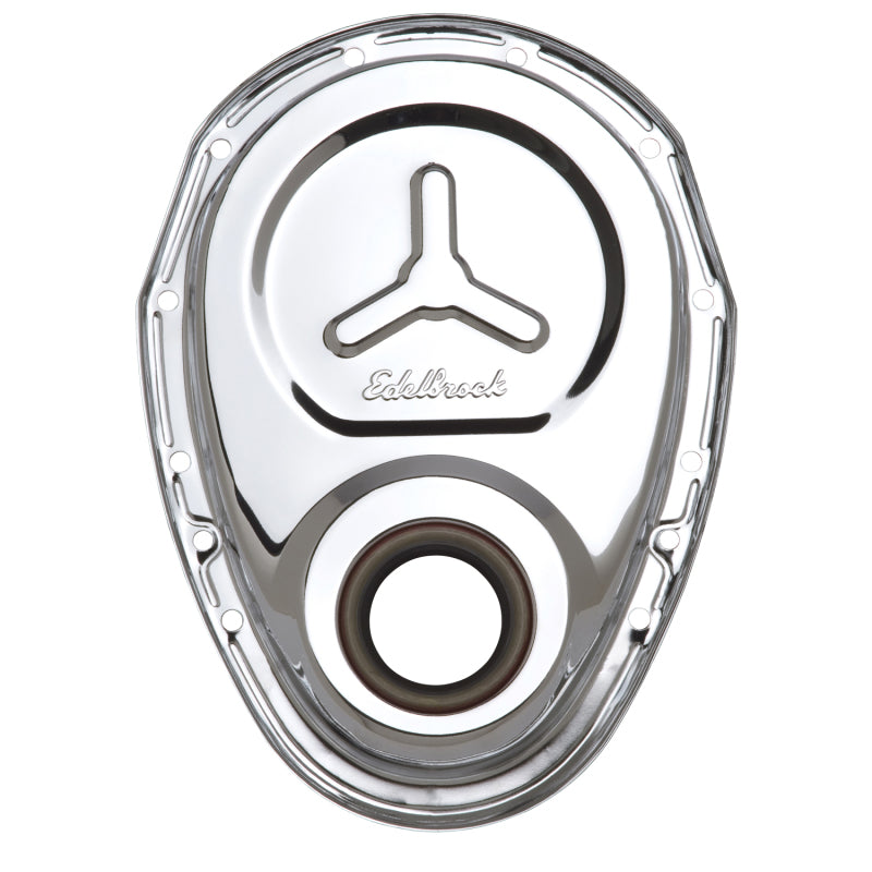 Edelbrock 4860 Timing Cover Small Block-Chevrolet Chrome with Welded Reinforcement Plate
