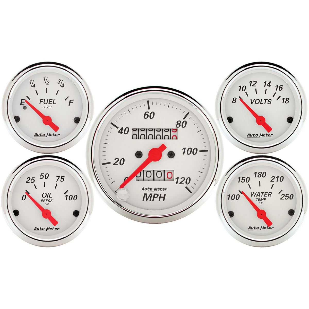 AutoMeter 1300 5-Piece Gauge Kit Mechanical Speedometer Electric Oil Pressure Water Temperature Volt Fuel Level