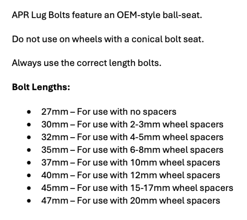 APR Lug Bolts - Use w/4-5mm Spacers - 32mm - Black (Set of 10)
