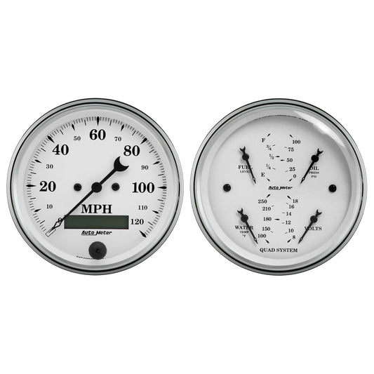 AutoMeter 1600 Gauge Kit 2-Piece Quad & Speedometer 3-3/8in Old Tyme White