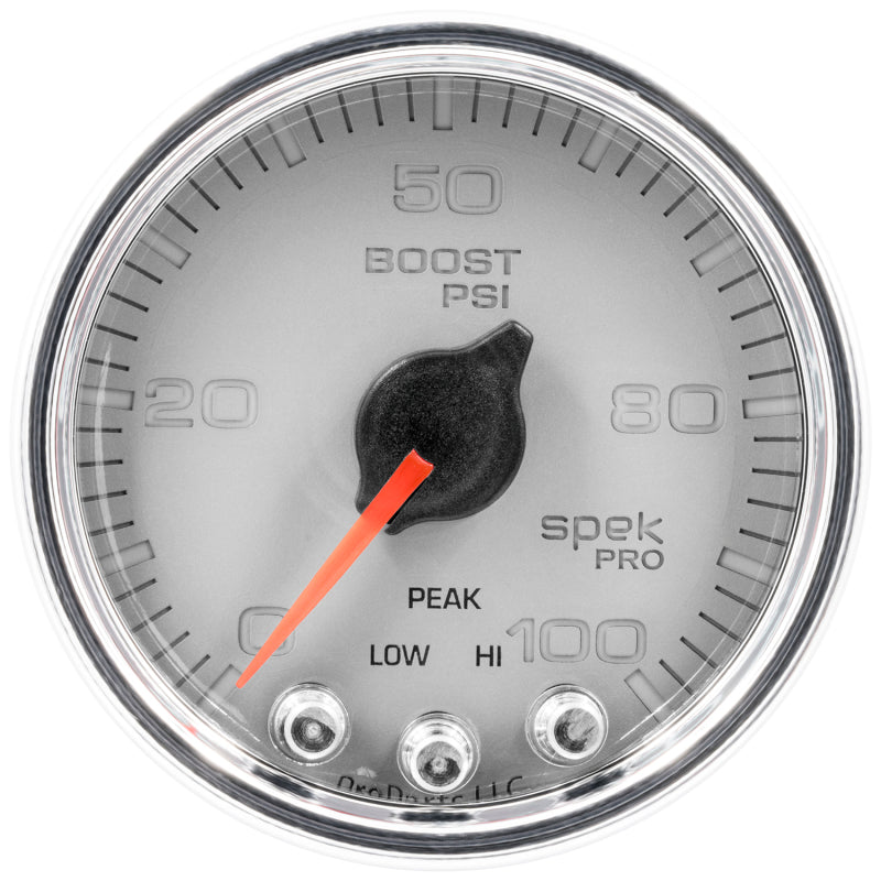 AutoMeter P30521 Spek-Pro 2-1/16in 100 PSI Boost Gauge Stepper Silver/Chrome