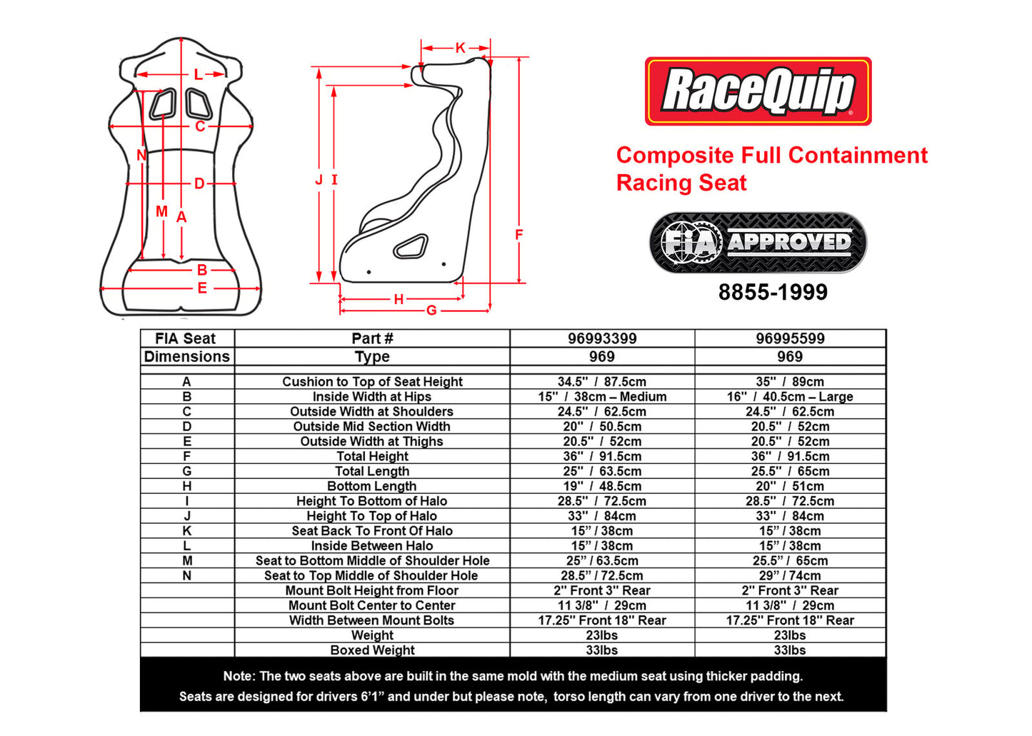 RaceQuip 96993399 FIA Containment Racing Seat - Medium