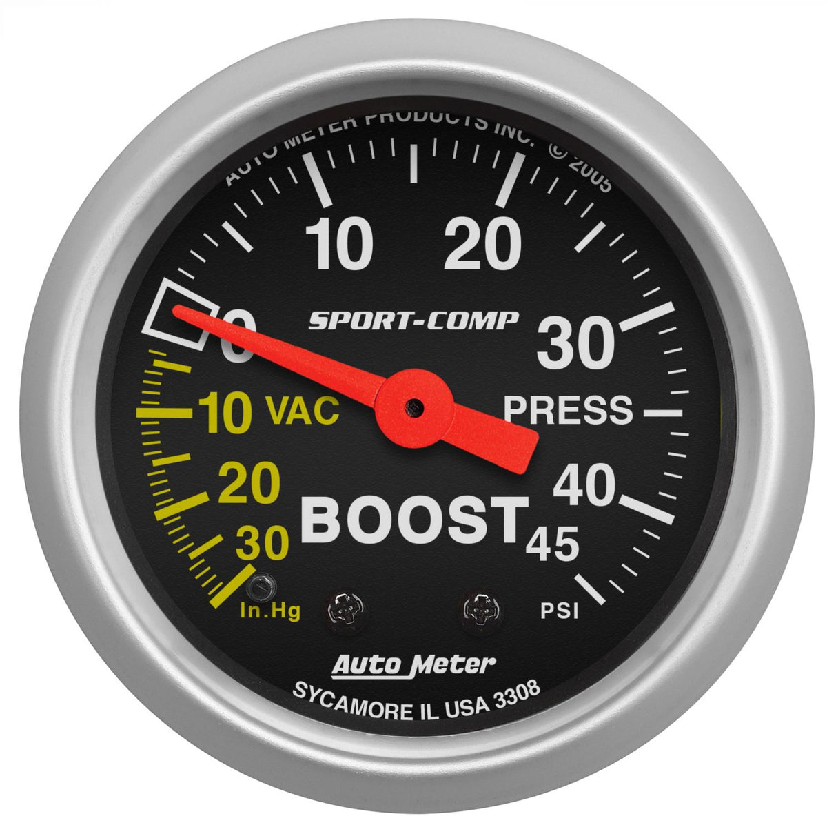 AutoMeter 3308 Sport-Comp 52mm 45 PSI Mechanical Boost Gauge