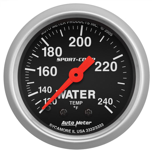 AutoMeter 3332 Sport-Comp 52mm 120-240 Degrees F Mechanical Water Temperature Gauge with 6ft Tubing