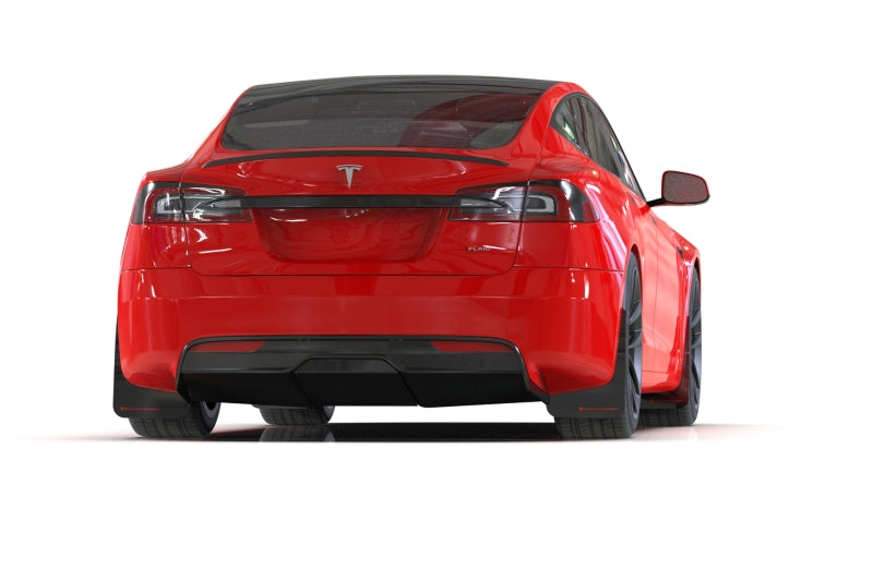 Rally Armor Mud Flaps - 2021-2026 Tesla S - RAL UR Blk Flap/Met. Blk Logo - #MF101-UR-BLK-MBK