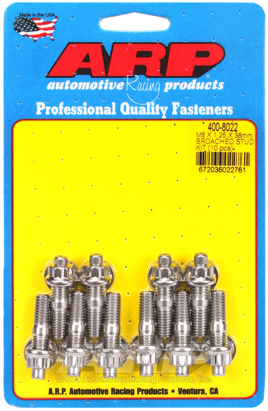 ARP 400-8022 M8 x 1.25 x 38mm Broached 10 Piece Stud Kit