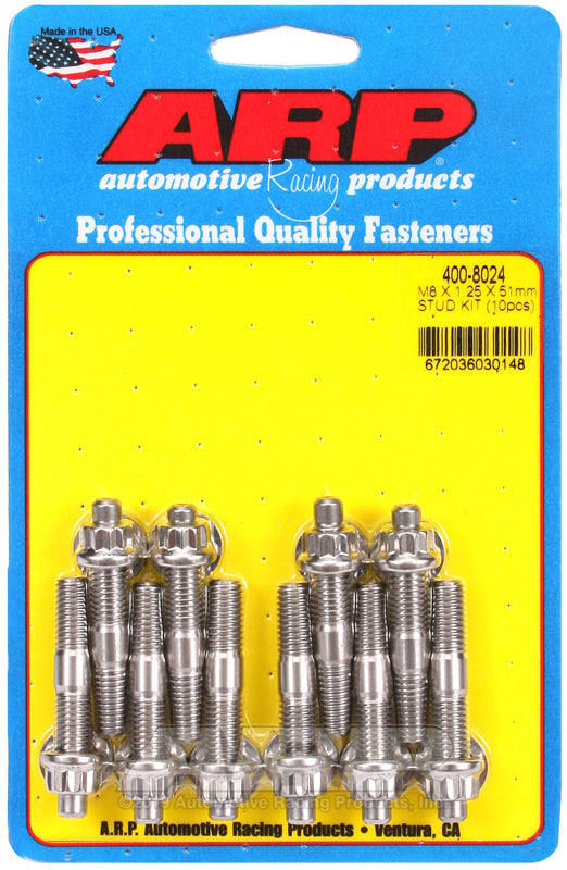 ARP 400-8024 M8 x 1.25 x 51mm Broached 10 Piece Stud Kit