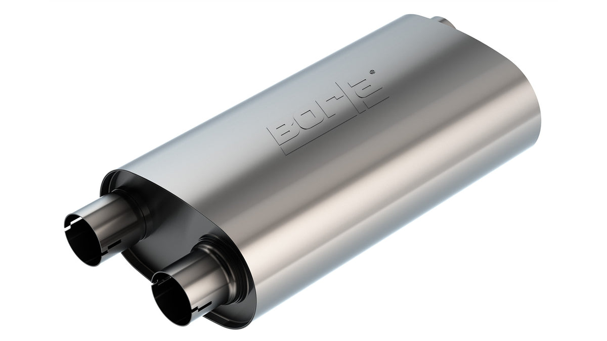 Borla 400498 Transverse Flow Muffler 2.5 in Single Inlet / Dual Outlet Notched (19 x 10.5 x 5.5 in Oval)