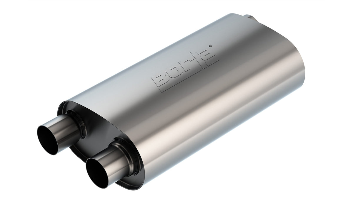 Borla 400498 Transverse Flow Muffler 2.5 in Single Inlet / Dual Outlet Notched (19 x 10.5 x 5.5 in Oval)