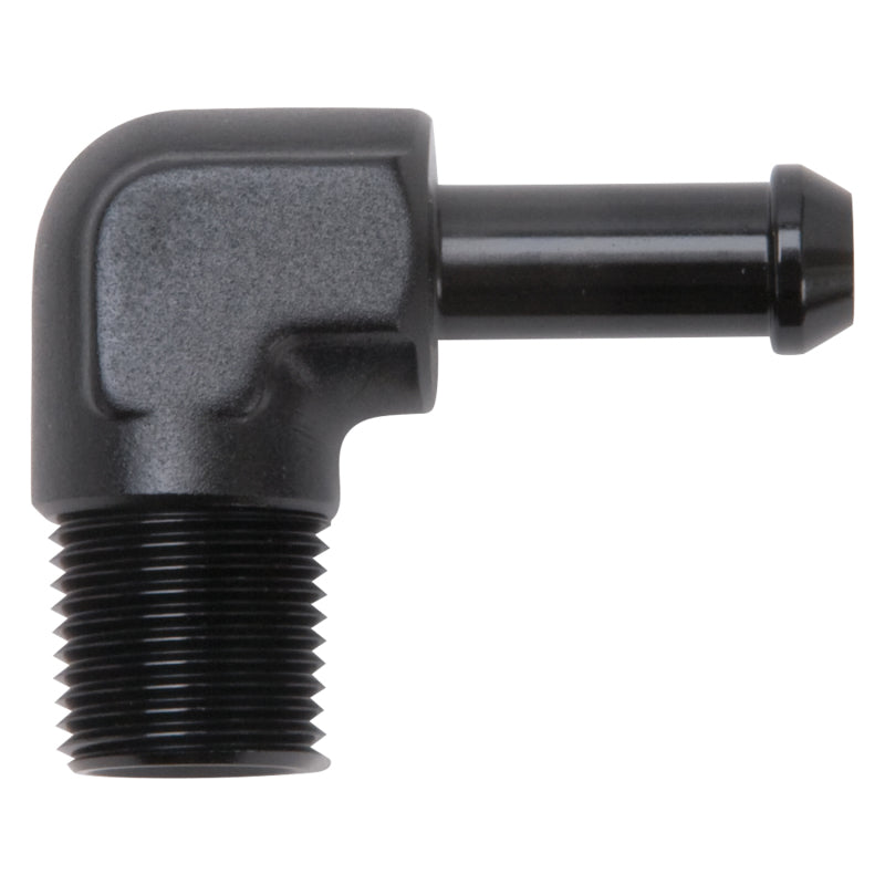 Edelbrock 8167 Hose End 90-Degree 3/8 in NPT to 3/8 in Barb Black Anodized