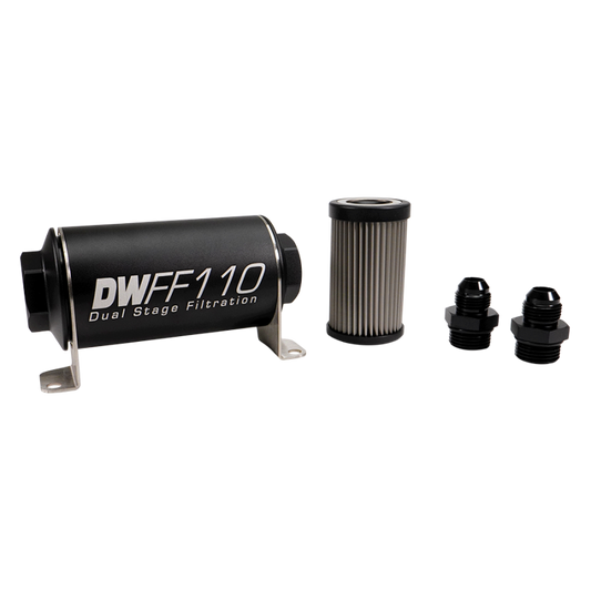 DeatschWerks Stainless Steel 8AN 100 Micron Universal Inline Fuel Filter Housing Kit (110mm)