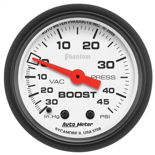 AutoMeter 5708 Phantom 52mm 30in Hg Vacuum / 45 PSI Mechanical Vacuum/Boost Gauge