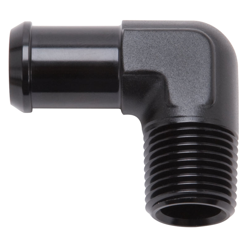 Edelbrock 8180 Hose End 90-Degree 1/2 in NPT to 1/2 in Barb Black Anodized