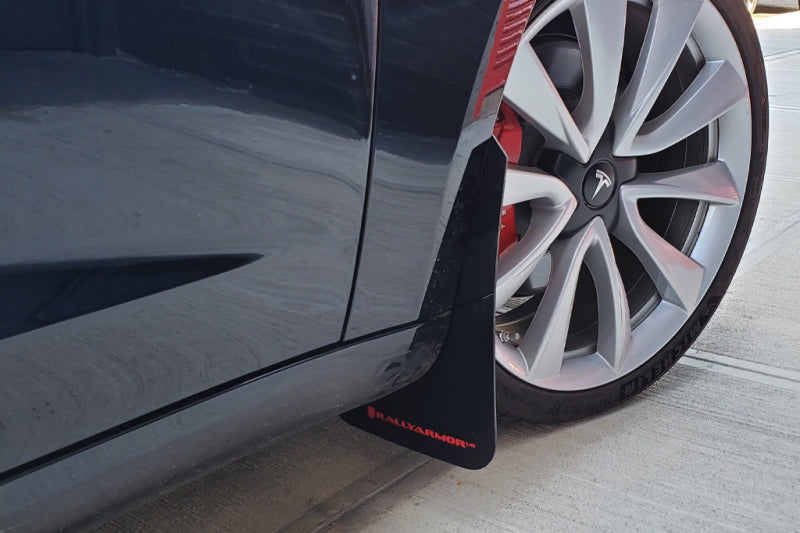 Rally Armor UR Mud Flaps - 2017-2023 Tesla 3 - Black/White Logo - #MF62-UR-BLK/WH