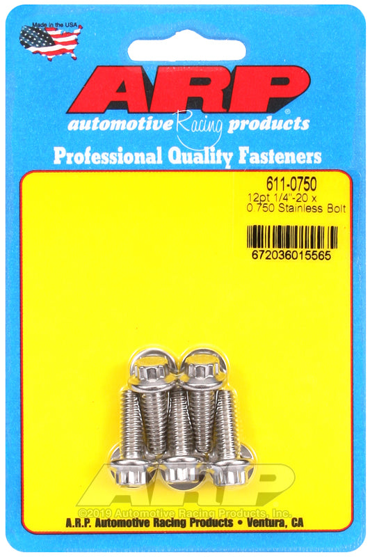 ARP 611-0750 1/4in-20 x 0.750in 12pt SS Bolts (5/pkg)