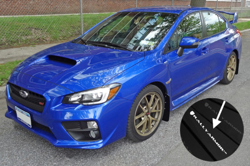 Rally Armor UR Mud Flaps - 2015-2021 Subaru WRX / WRX STI - Black/White Logo - #MF32-UR-BLK/WH