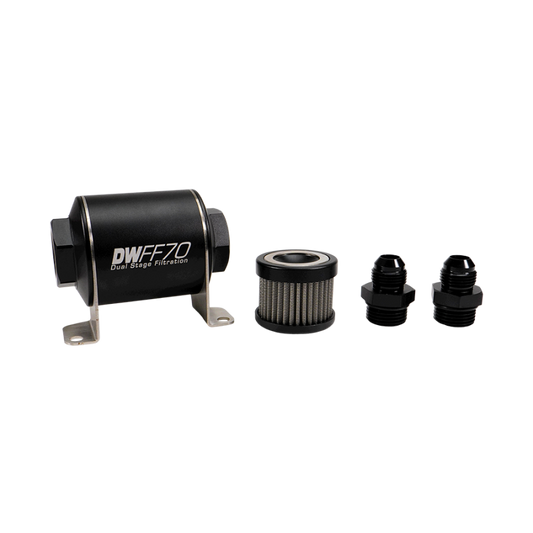 DeatschWerks Stainless Steel 8AN 10 Micron Universal Inline Fuel Filter Housing Kit (70mm)
