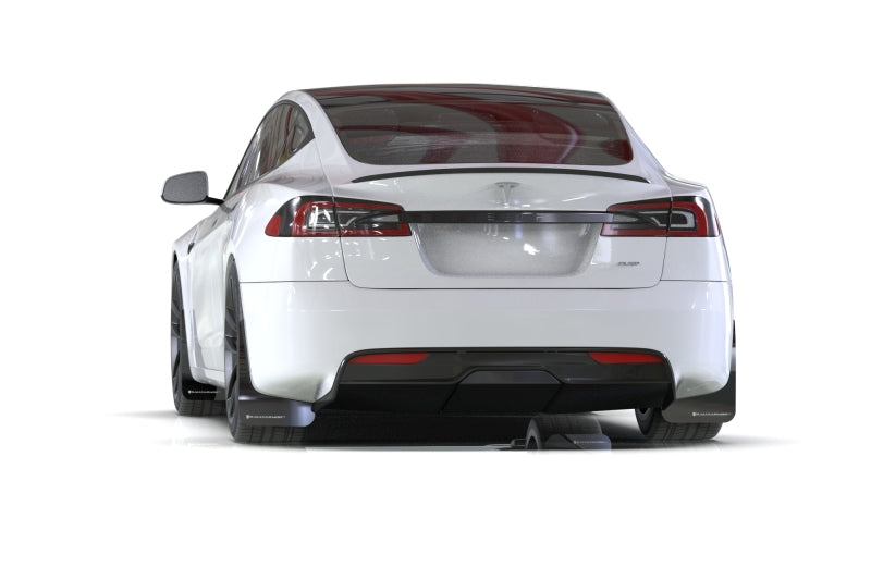 Rally Armor Mud Flaps - 2021-2026 Tesla S - RAL UR Blk Flap/Met. Blk Logo - #MF101-UR-BLK-MBK