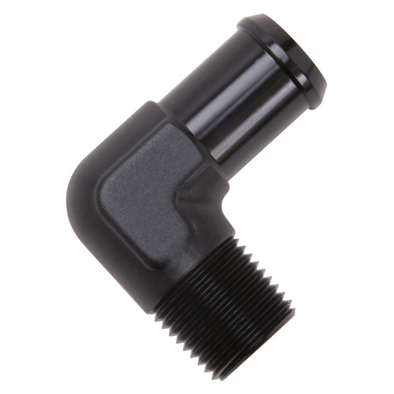 Edelbrock 8165 Hose End 90-Degree 1/2 in NPT to 3/4 in Barb Black Anodized