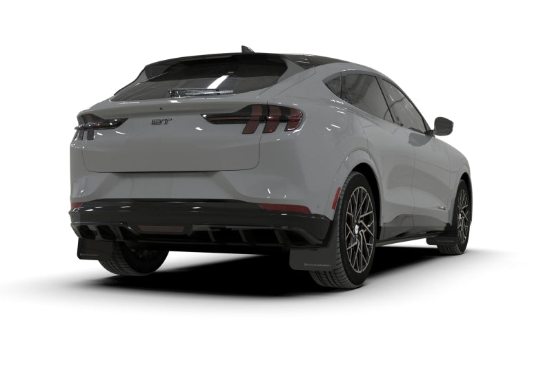 Rally Armor Mud Flaps - 2021-2025 Ford Mustang Mach-E - RAL UR Blk Flap/Met. Blk Logo - #MF96-UR-BLK-MBK