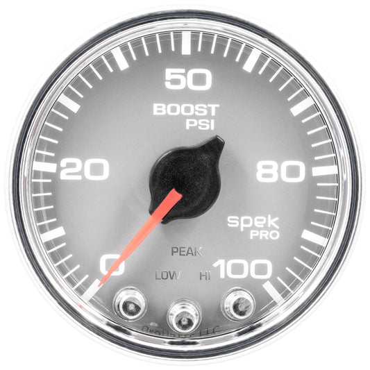 AutoMeter P30521 Spek-Pro 2-1/16in 100 PSI Boost Gauge Stepper Silver/Chrome