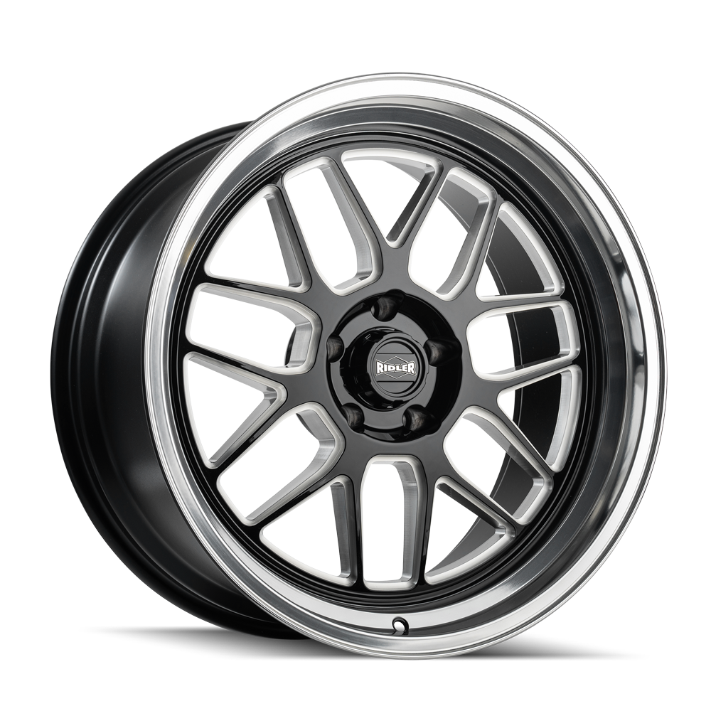Ridler Wheels 611 18x9.5 5x114.3 0mm Gloss Black Milled with Diamond Cut Lip Wheel 611-8965GBMD