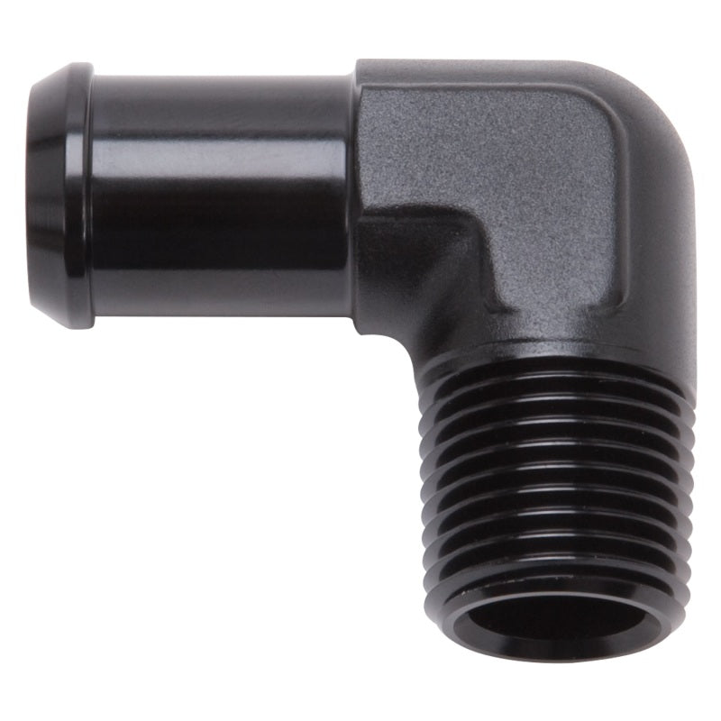Edelbrock 8180 Hose End 90-Degree 1/2 in NPT to 1/2 in Barb Black Anodized