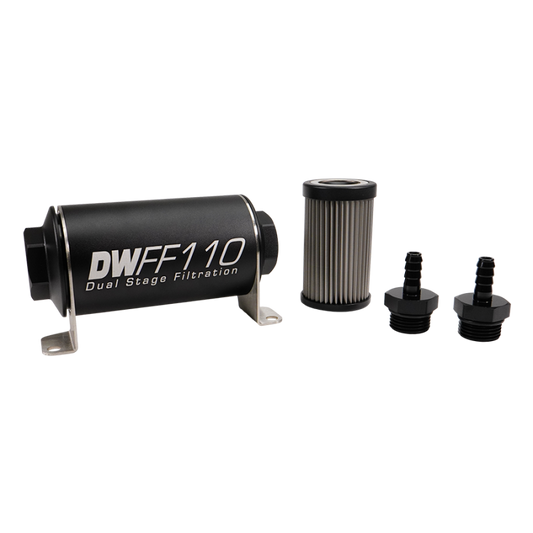 DeatschWerks Stainless Steel 5/16in 40 Micron Universal Inline Fuel Filter Housing Kit (110mm)