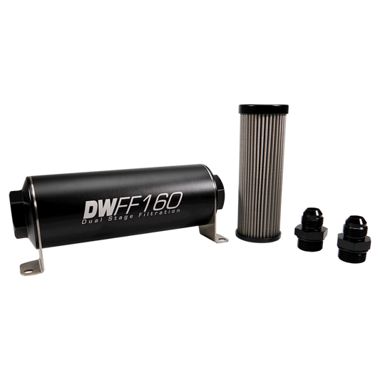 DeatschWerks Stainless Steel 8AN 10 Micron Universal Inline Fuel Filter Housing Kit (160mm)