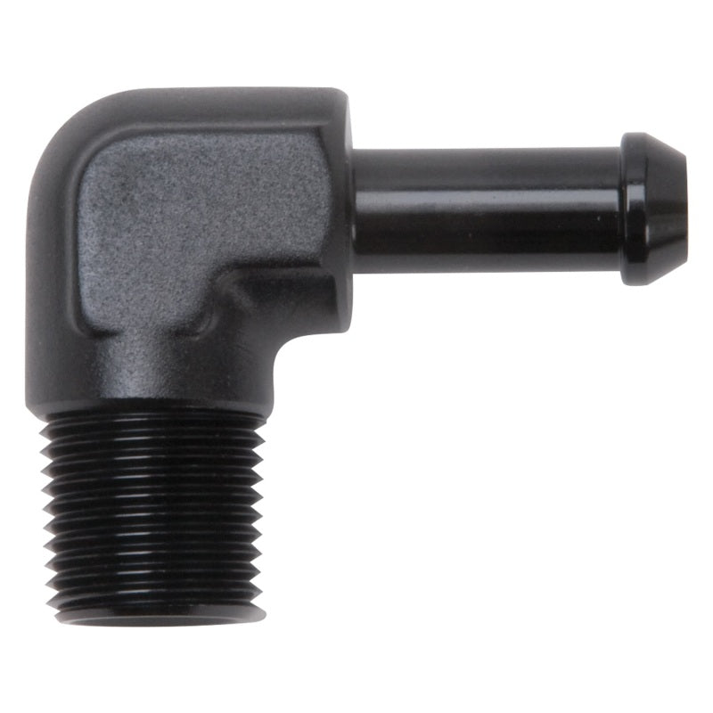 Edelbrock 8167 Hose End 90-Degree 3/8 in NPT to 3/8 in Barb Black Anodized