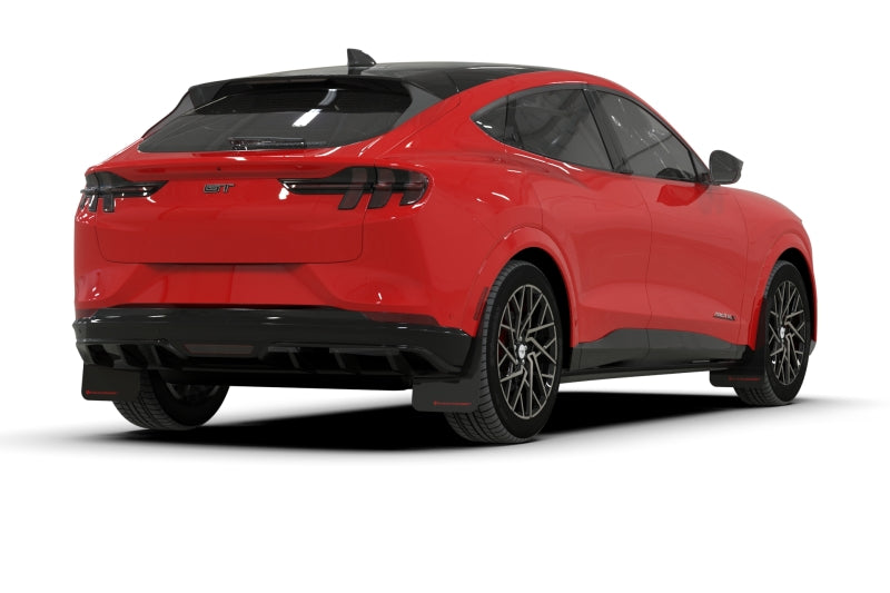 Rally Armor Mud Flaps - 2021-2025 Ford Mustang Mach-E - RAL UR Blk Flap/Met. Blk Logo - #MF96-UR-BLK-MBK