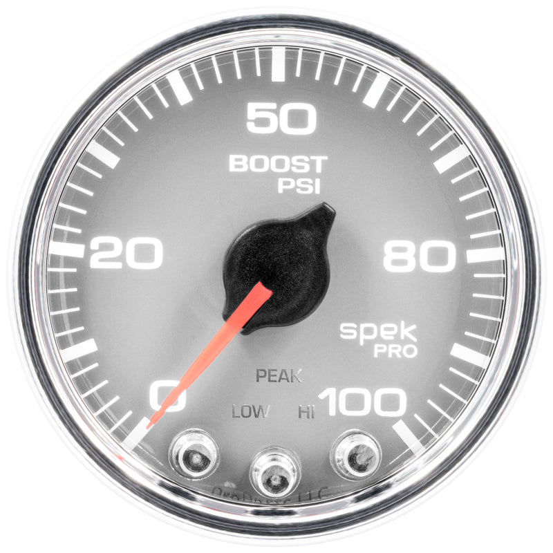 AutoMeter P30521 Spek-Pro 2-1/16in 100 PSI Boost Gauge Stepper Silver/Chrome