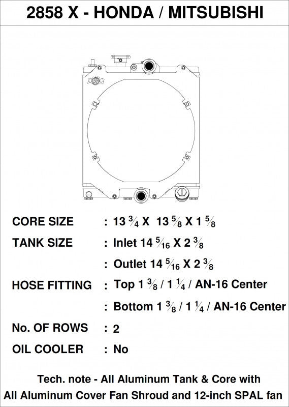CSF 2858X Univ Half Radiator w/-16AN & Slip-On Fittings/12in SPAL Fan & Shroud