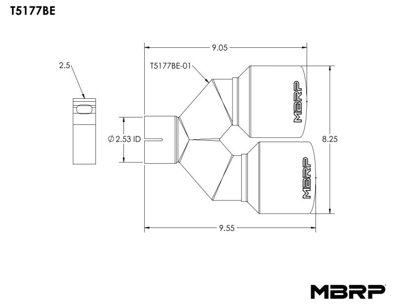 MBRP Burnt End Tip 2.5 ID Dual 4 OD Out 9.55 length Single-Wall Pass